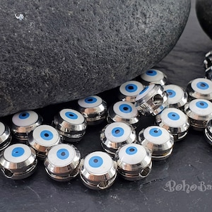 Silver Evil Eye Spacer Beads, White Evil Eye Beads, 7mm Evil Eye Spacer Bead Findings, 3 pc