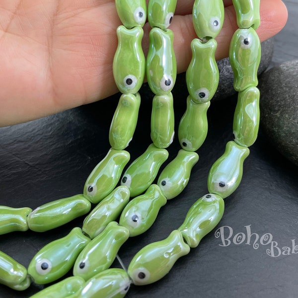 Ceramic Fish Beads, Ceramic Green Fish Charms, Handmade Porcelain Fish Beads, Ceramic Evil Eye Beads, 3pc