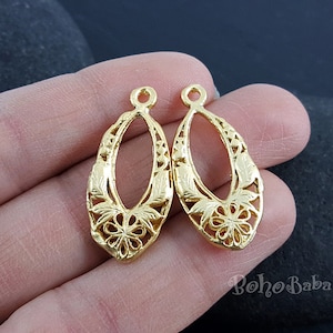 Matte Gold Plated Filigree Teardrop Charms,  Teardrop Earring Charms, Gold Jewelry Findings, 2 Pc