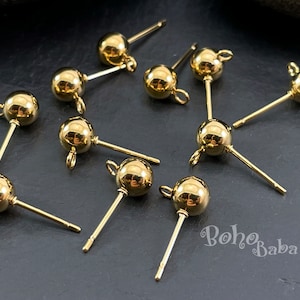 Gold Plated Ball Post Earrings, 6mm Ball Stud Earrings with Loop, Earring Stud Blanks, 10 Pc