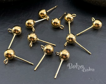 Gold Plated Ball Post Earrings, 6mm Ball Stud Earrings with Loop, Earring Stud Blanks, 10 Pc
