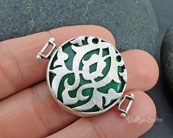 Emerald Green Jade Connector Pendant, Round Gemstone Link Station, Antique Silver Plated, Double Bail
