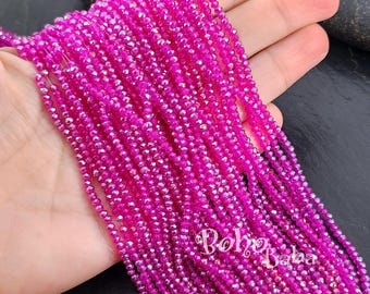 Hilos de cuentas de cristal facetado Rondelle de 2 mm, cuentas de cristal AB rosa intenso transparente