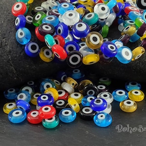 Evil Eye Beads, 8mm Glass Beads, Evil Eye Spacer Beads, Flat Round Evil Eye Beads, Lampwork Beads, Evil Eye Jewelry, 30Pc