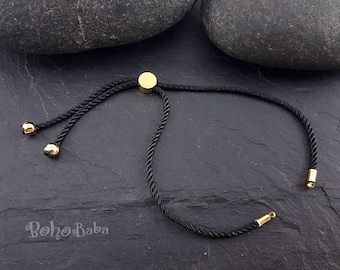 Black Cord Bracelet, Friendship Bracelet, Adjustable Bracelet Blanks, 2mm Cord Bracelet Connector Blanks, Adjustable Sliding Gold Clasp