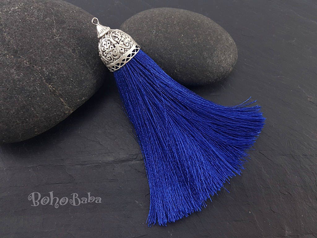 Extra Large Blue Silk Tassel Pendant, Silver Mala Tassel Necklace Findings