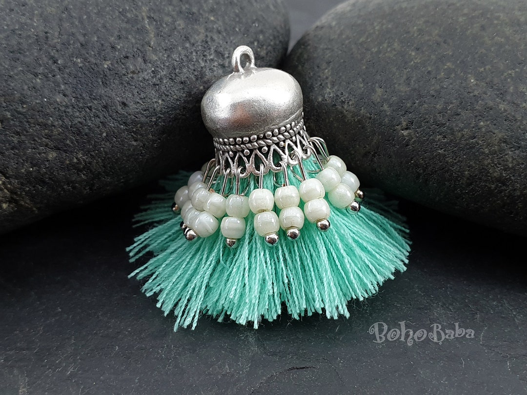 Mint Cotton Tassel, Crystal Beaded, Tassel Jewelry Findings, Bohemian