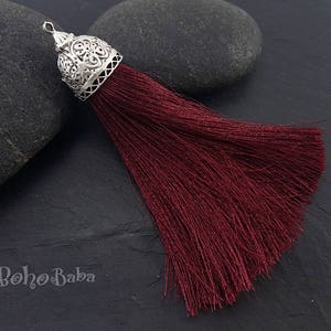 Extra Large Tassel, Silk Tassel, Burgundy, Tassel Necklace, Thick Silk Tassel, Turkish Jewelry, Tassel Pendant, Silver Cap Tassel, Jewelry