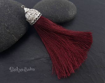 Extra Large Burgundy Silk Tassel, Antique Silver Cap, 125mm