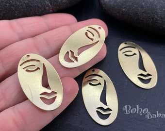 Brass Face Charm, Textured Raw Brass Face Pendant, Brass Earring Findings, Raw Brass Jewelry, Face Earrings, Tribal Mask Charms, 4 Pc