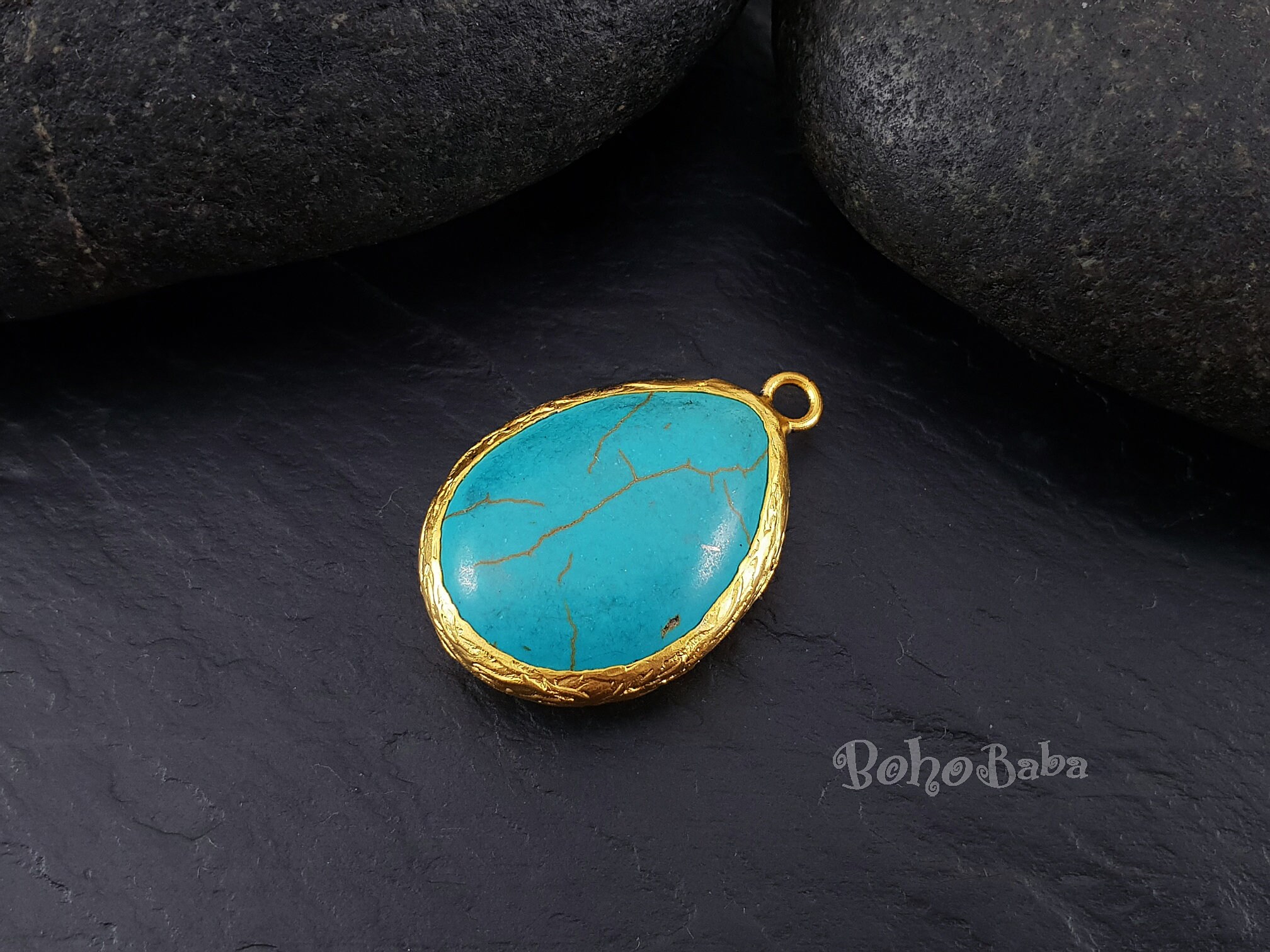 Turquoise Teardrop Pendant Gold Plated Brass Hand Made Etsy