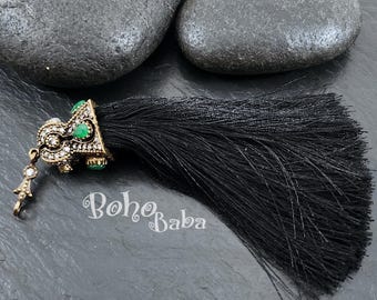 Large Black Silk Tassel Pendant with Antique Bronze Pave Cap, Bohemian Jewelry Findings