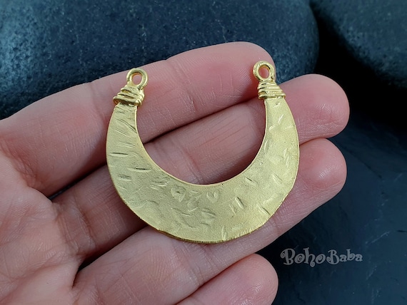 Gold Crescent Pendant, Tribal Crescent Pendant, Crescent Charm, Large Crescent, Hammered Crescent, Crescent Connector, Tribal Jewelry