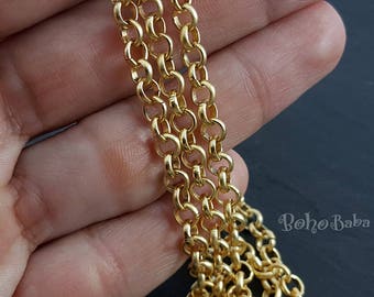 Matte Gold Plated 5mm Rolo Chain, Unsoldered Link, Gold Chain Necklace Chain, Bracelet Chain, Belcher Chain
