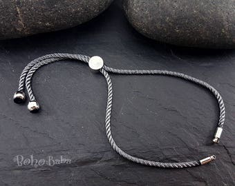 Gray Cord Bracelet, Friendship Bracelet, 2mm Adjustable Cord Bracelet Blanks, Adjustable Sliding Silver Clasp, Cord Connector