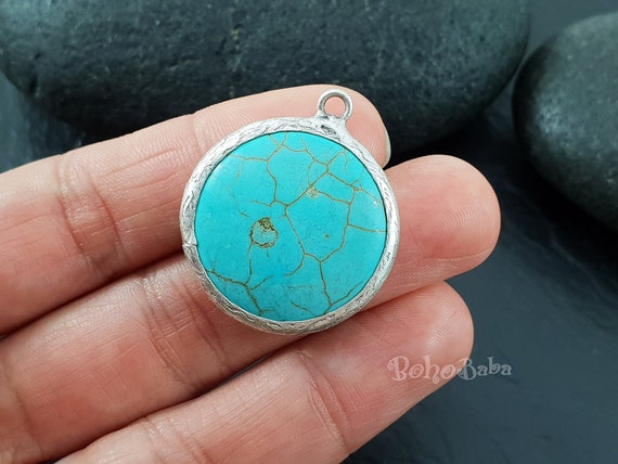 Turquoise Pendant Round Pendant Silver Plated Brass Hand Made Hammered Bezel Jewelry Supplies Gemstone Pendant Gemstone Jewelry Etsy UK