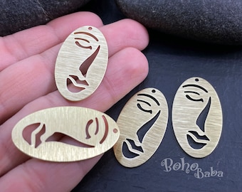 Brass Face Charm, Textured Raw Brass Face Pendant, Brass Earring Findings, Raw Brass Jewelry, Face Earrings, Tribal Mask Charms, 4 Pc