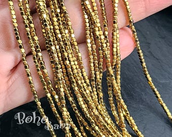 Gold Hematite Tiny Cube Spacer Beads, Hematite Rondelle Bead Strands, Natural Gemstone Beads, Full Strand