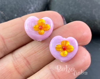 Breloque coeur rose en verre de Murano travaillé au chalumeau, perle coeur en verre, 1 pièce