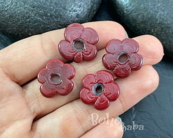 Artisan Handmade Glass Flower Beads, Red Flower Murano Beads