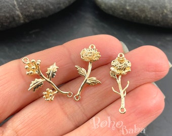 Gold Birth Flower Charms, Gold Plated Flower Charms, Personalised Birth Month Flower Pendant