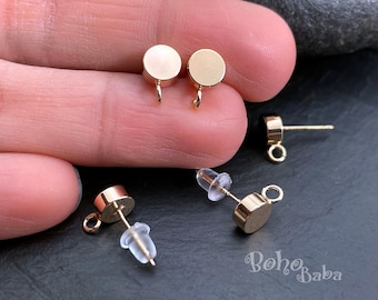 Gold Plated Brass Stud Earrings, Flat Round Ear Posts with Loop, Gold Earring Blanks