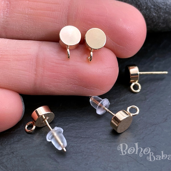 Gold Plated Brass Stud Earrings, Flat Round Ear Posts with Loop, Gold Earring Blanks