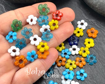 Artisan Handmade Tiny Rainbow Murano Glass Flower Beads, (8-11mm)