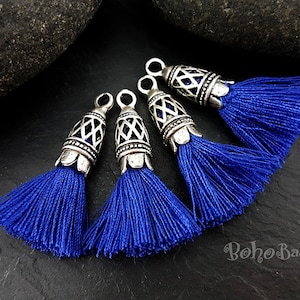 Royal Blue Mini Cotton Tassels, Tassel Findings, Mini Boho Tassels, Tassel Bracelet, Antique Silver Plated Cap, Mini Tassels Earring Tassels