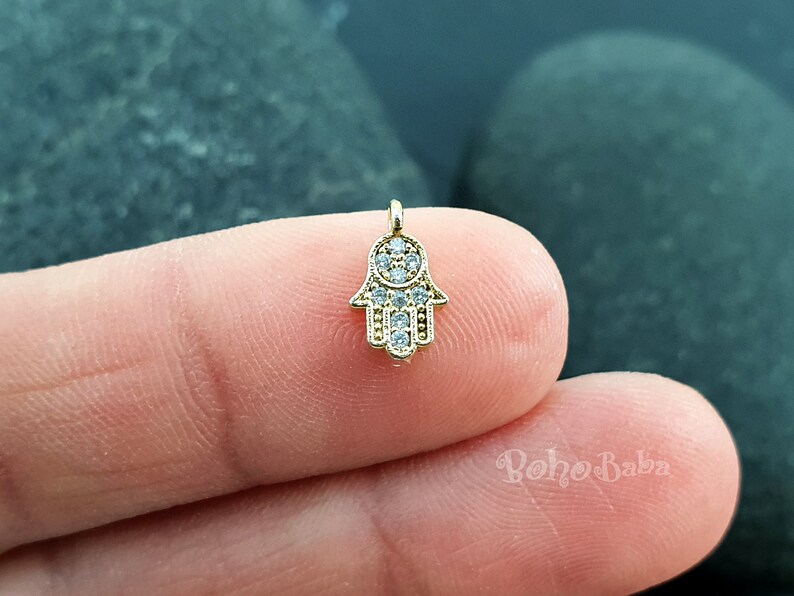Micro Pave Charms Tiny Hamsa Pave Charms Cubic Zirconia Gold Hamsa Dainty Necklace Bridal Jewelry Clear Zirconia Charms