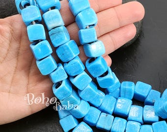 Perles de verre bleues, Cubes de verre rustiques, Perles carrées, Perles de collier, Pendentif en verre, Perles de chalumeau turques, Perles de verre faites main