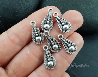 Silver Teardrop Charms, Tribal Ethnic Charms, Bohemian Earring Dangles, Mini Drop Charms, 5 Pc