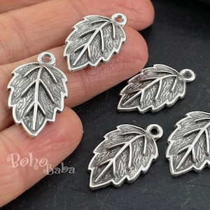 Silver Leaf Pendant, Large Leaf Charm, Silver Leaf Charms, Jewelry Supplies, Silver Leaf Findings, 5pc