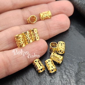 Gold Tube Beads, Filigree Tube Spacer Beads, Fretwork Tube Beads, Large Hole Beads, 10 Pc