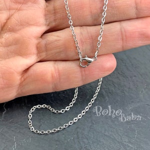 Può includere: Una collana a catena d'argento con chiusura a moschettone. La catena è composta da piccoli anelli rotondi.