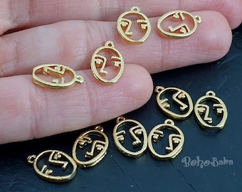 Mini Face Charms, Gold Face Charms, Mini Gold Face Pendants, Tribal Mask Charms, Face Charms, Gold Jewelry Findings, 10 Pc