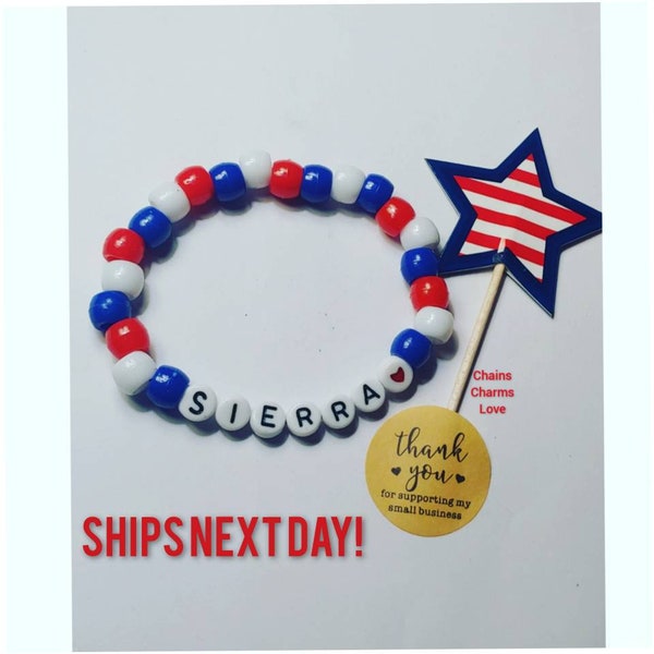 Kids bracelet, 4th of july bracelet, patriotic bracelet, child bracelet, name bracelet, girls bracelet, boy bracelet, USA bracelet