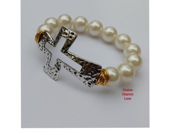 Bangle bracelet, cross bracelet, mother's day bracelet, wire bracelet, pearl bracelet, handmade bracelet, gifts for her, gifts for mom