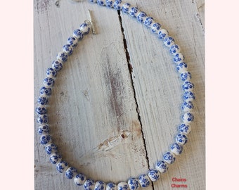 Blue and White Porcelain Beaded Necklace, Handmade Ceramic Jewelry, Chinoiserie Style, Dainty Artisan Gift for Her, gifts for mom