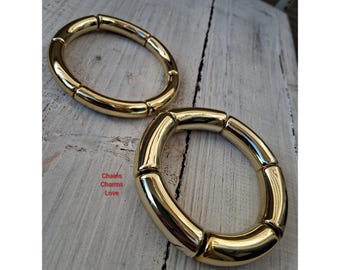 Gold Tube Stretch Bracelet Set, Chunky & Slim Stackable Bangles, Minimalist Elastic Bracelet, Statement Jewelry, Everyday Stack Bracelet