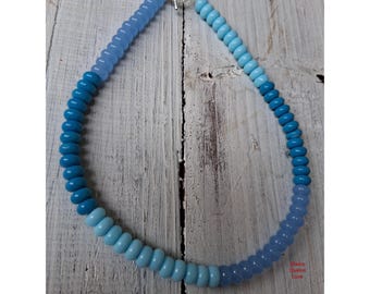 Blue Ombre Beaded Necklace, 18 Inch Round Necklace, Gradient Glass Bead Jewelry, Minimalist Statement Necklace, Handmade Gift for Her