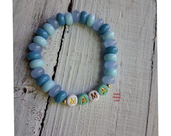 Personalized “Mama” Beaded Bracelet – Blue Ombre Glass Beads, Stretch Bracelet, Mother’s Day Gift, Custom Name Jewelry for Mom