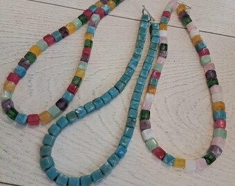 Colorful Cube Bead Necklaces Set – Handmade Pastel & Turquoise Gemstone Style Jewelry – Minimalist Layering Necklaces