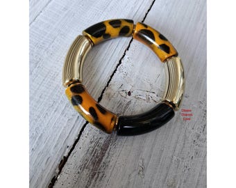Handmade Fall Beaded Bracelet, Leopard bracelet, Neutral Acrylic & Bamboo
