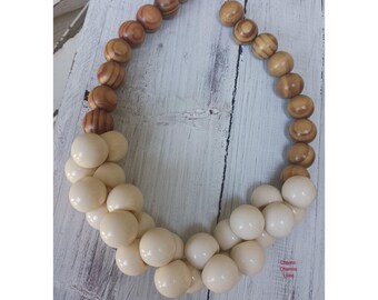 Chunky Wood & Cream Bead Necklace – Handmade Statement Necklace – Neutral Boho Jewelry – Fall Fashion Accessory – Gift for Her