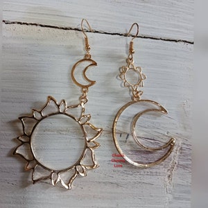 Moon and sun earrings, moon earrings, sun earrings, universe earrings, gold earrings, hoop earrings, gifts for her, moon jewelry