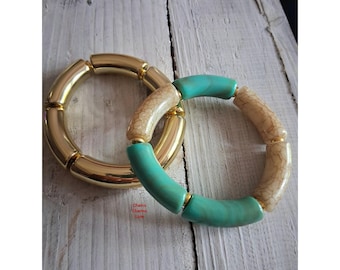 Turquoise & Beige Chunky Stretch Bracelet Set, Gold Tube Bead Bracelets, Boho Stackable Bangles, Statement Jewelry Gift for Women