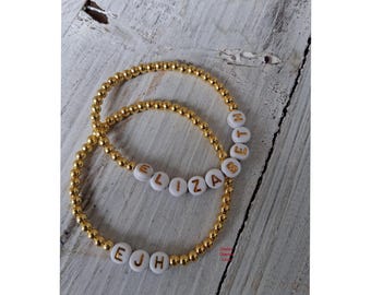 Personalized Gold Bead Bracelet | Custom Name or Initial Bracelet | 4mm 14K Gold Beaded Stretch Bracelet | Minimalist Stackable Jewelry Gift