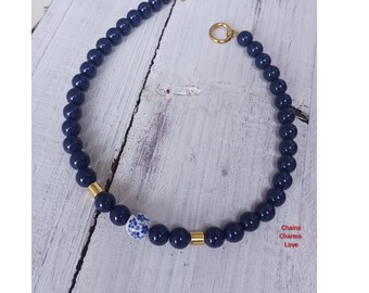 Handmade Blue Beaded Necklace: Acrylic & Porcelain, 16 inch