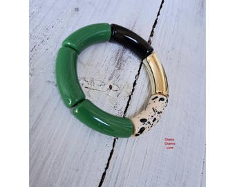 Fall Beaded Stretch Bracelet: Green, Orange, & Bamboo Acrylic
